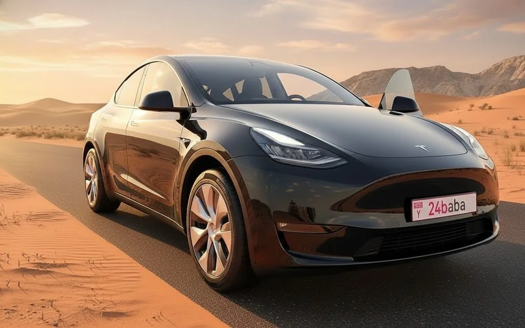 Tesla ModelY 2023 Black front view with headlights – rental in Dubai