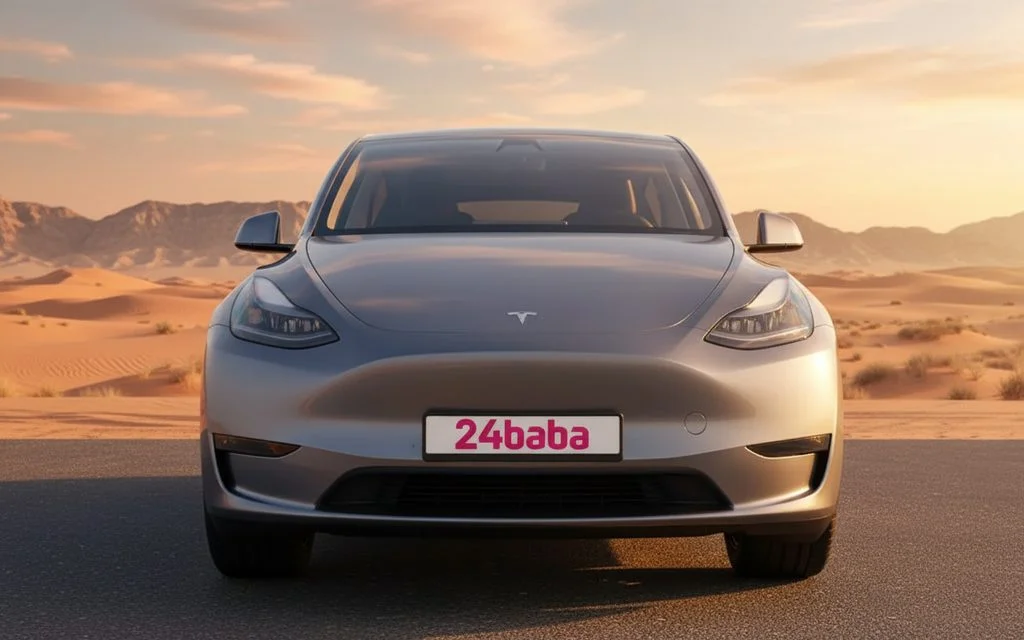 Tesla ModelY 2023 Grey front view with headlights – rental in Dubai