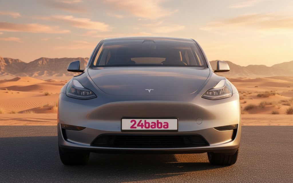 Tesla ModelY 2023 Grey front view with headlights – rental in Dubai