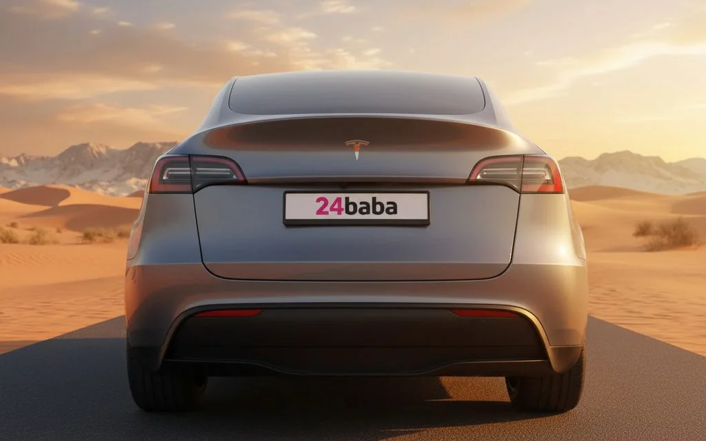 Tesla ModelY 2023 Grey rear view showing taillights – rental in Dubai