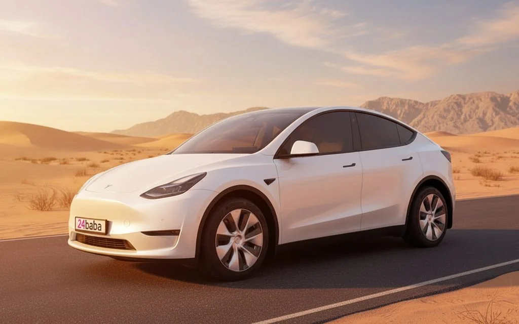 Tesla ModelY 2022 White front view with headlights – rental in Dubai