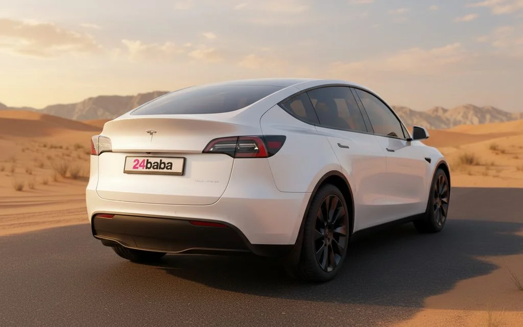Tesla ModelY 2022 White rear view showing taillights – rental in Dubai