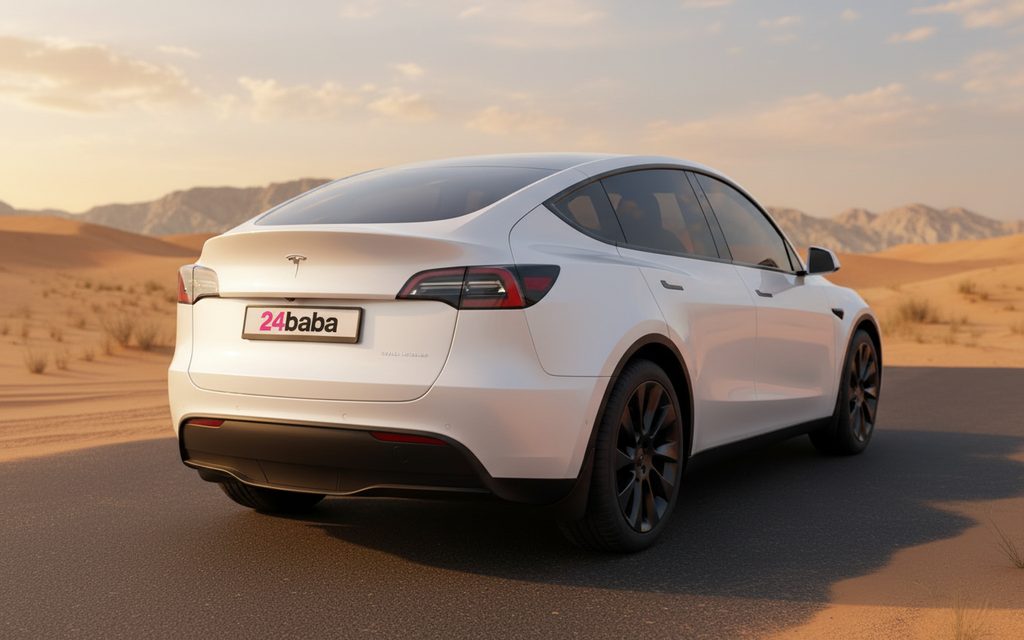 Tesla ModelY 2022 White rear view showing taillights – rental in Dubai
