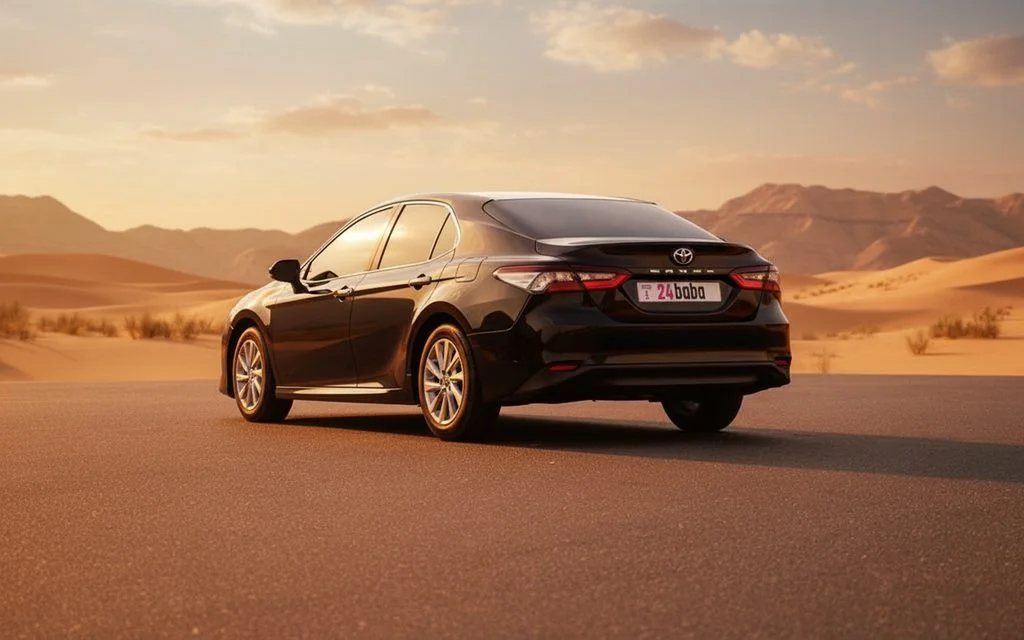 Toyota Camry 2023 Black rear view showing taillights – rental in Dubai