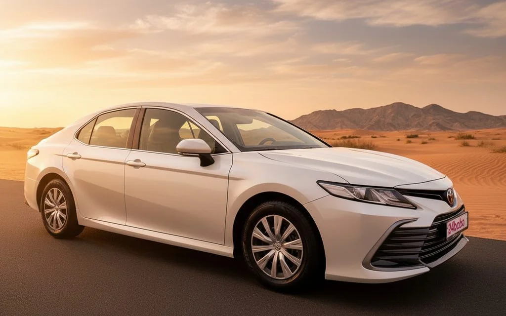 Toyota Camry 2023 White front view with headlights – rental in Dubai