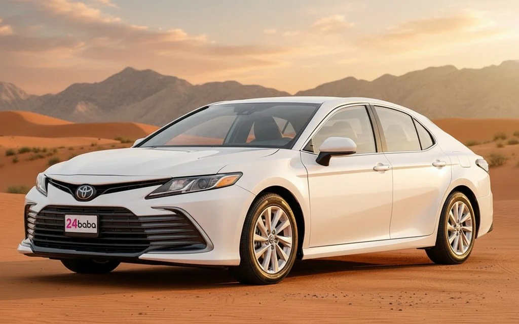 Toyota Camry 2024 White front view with headlights – rental in Dubai