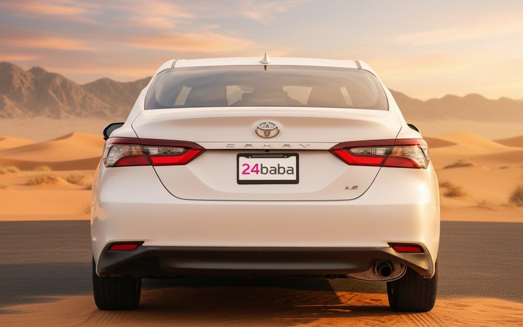 Toyota Camry 2024 White rear view showing taillights – rental in Dubai