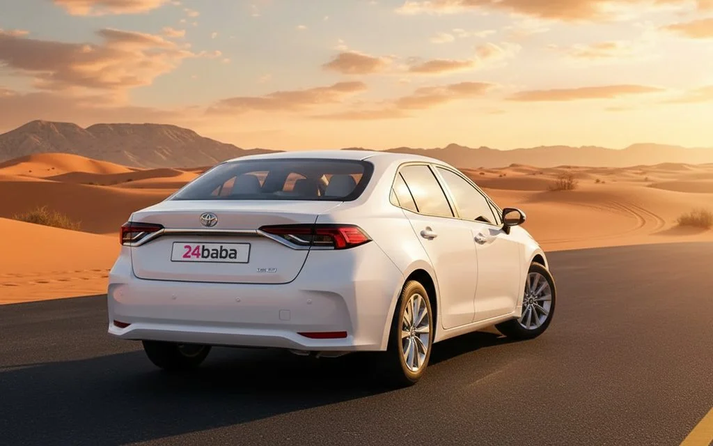 Toyota Corolla 2024 White rear view showing taillights – rental in Dubai