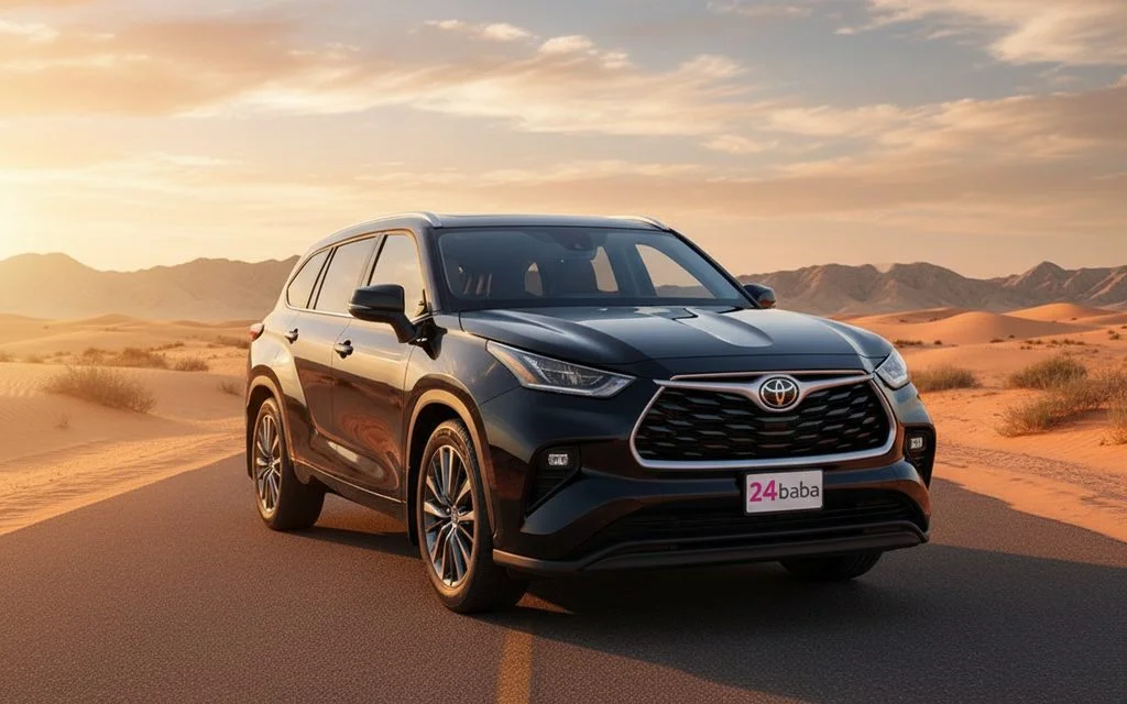 Toyota Highlander 2022 Black front view with headlights – rental in Dubai