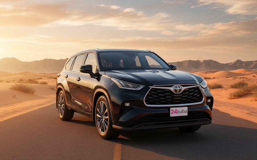 Toyota Highlander 2022 Black front view with headlights – rental in Dubai