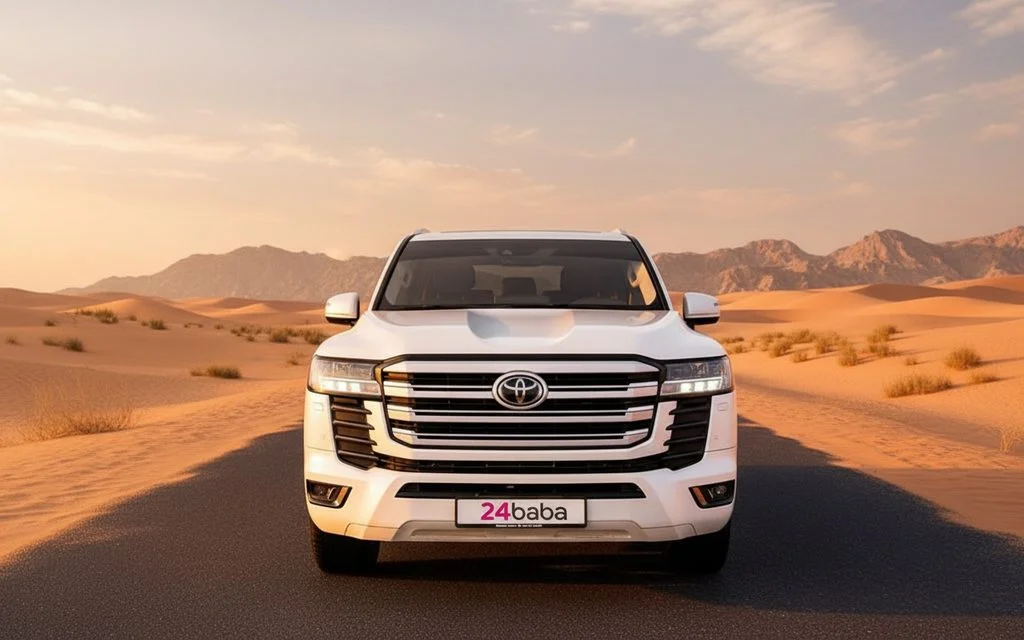 Toyota LandCruiser 2024 White front view with headlights – rental in Dubai