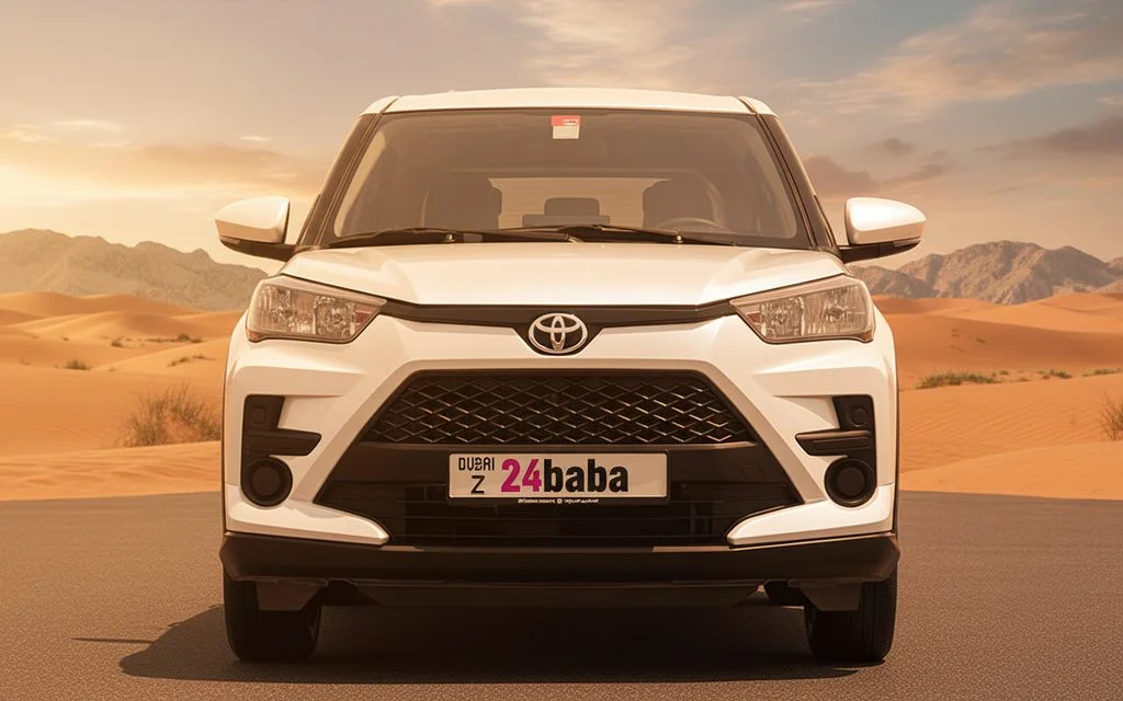 Toyota Raize 2023 White front view with headlights – rental in Dubai