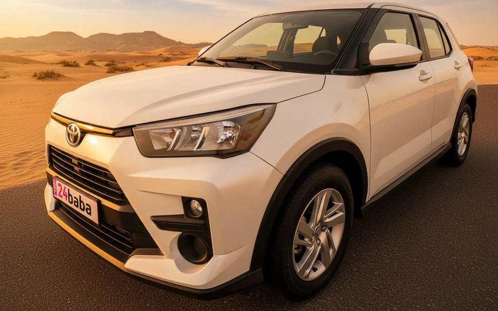 Toyota Raize 2024 White front view with headlights – rental in Dubai