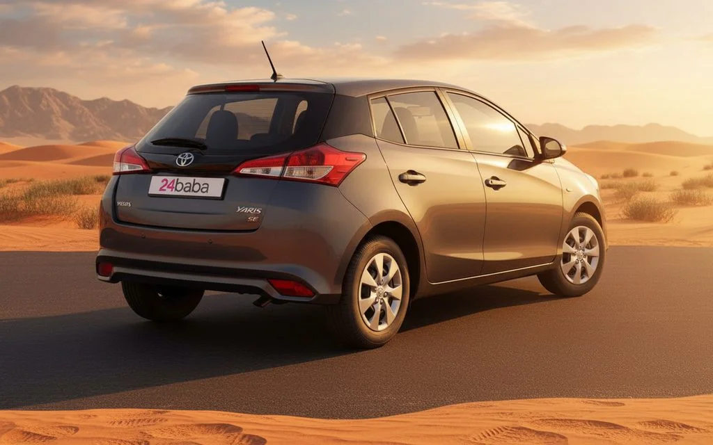 Toyota Yaris 2025 Dark Gray rear view showing taillights – rental in Dubai