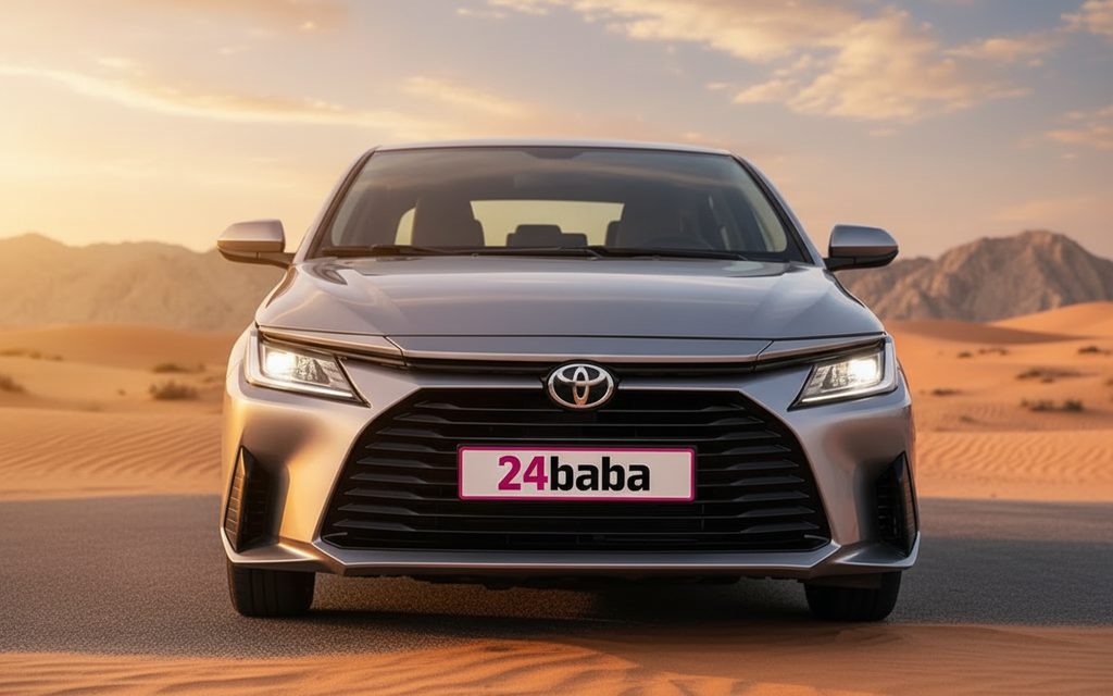 Toyota Yaris 2023 Silver front view with headlights – rental in Dubai