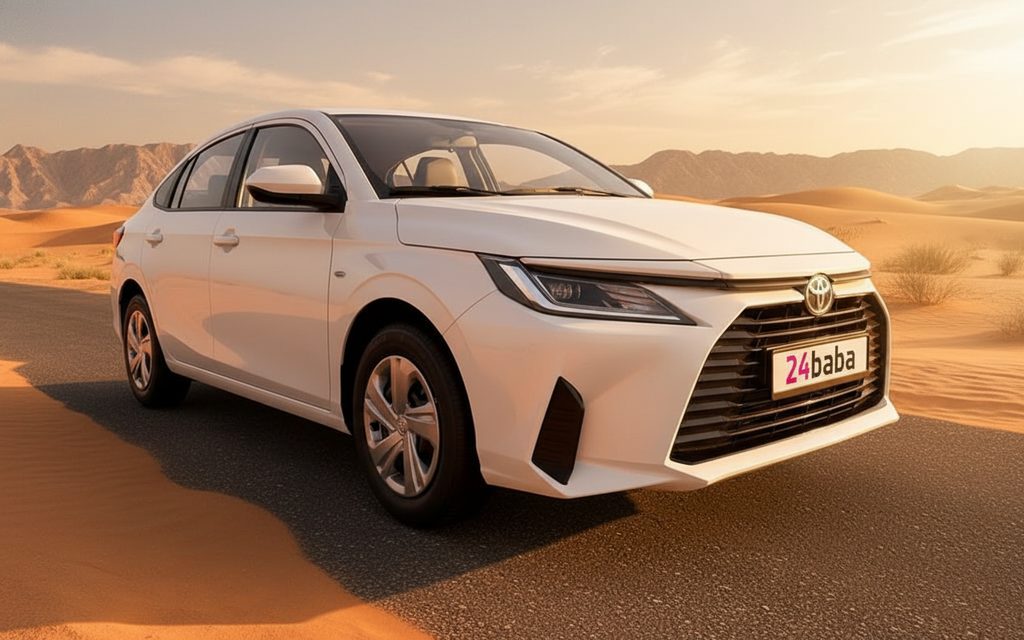 Toyota Yaris 2023 White front view with headlights – rental in Dubai