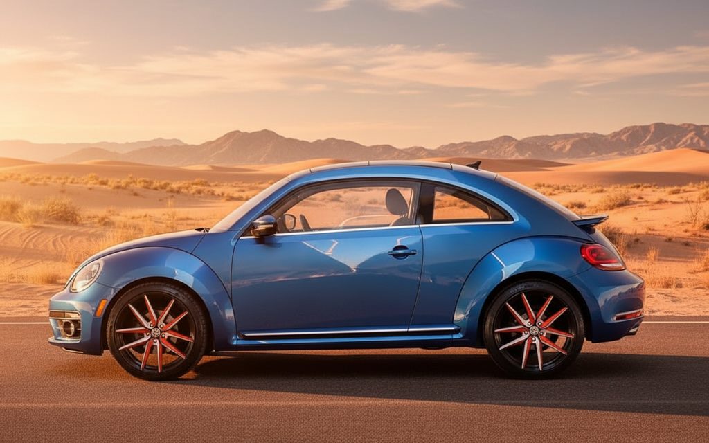 Volkswagen Beetle 2025 Blue side profile – rental in Dubai