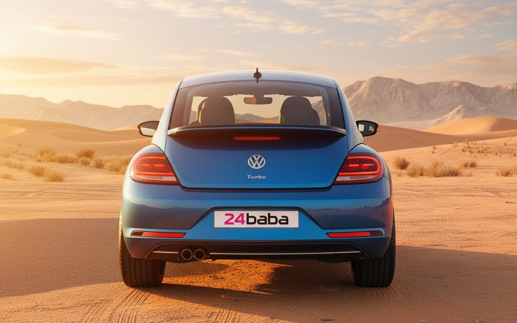 Volkswagen Beetle 2025 Blue rear view showing taillights – rental in Dubai