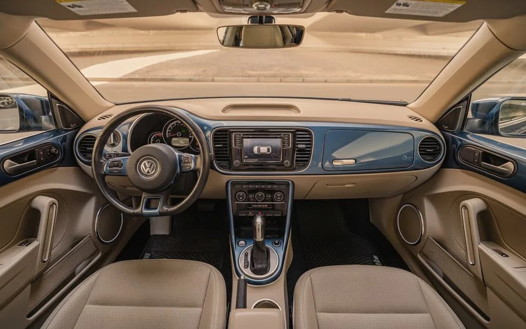 Volkswagen Beetle 2025 interior view showing trim – rental in Dubai