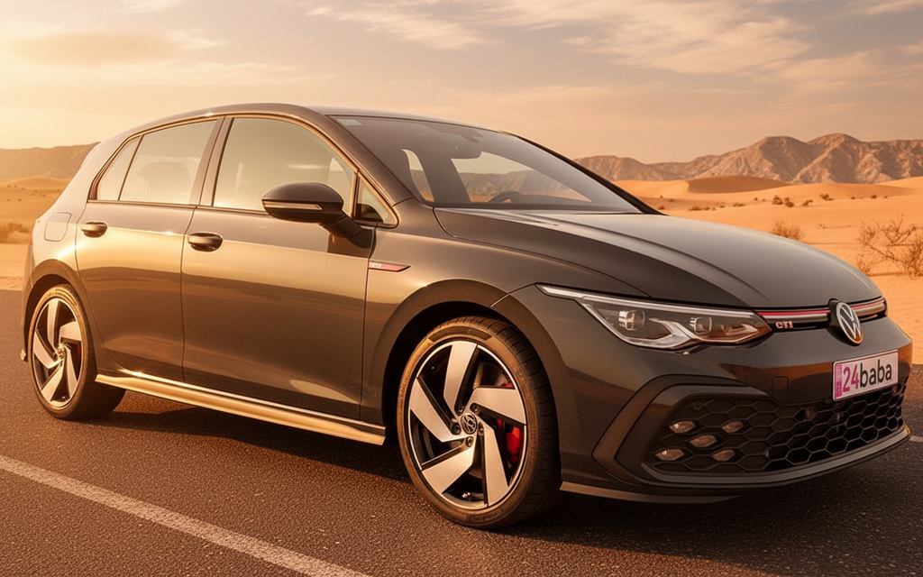 Volkswagen Golf 2024 Black front view with headlights – rental in Dubai