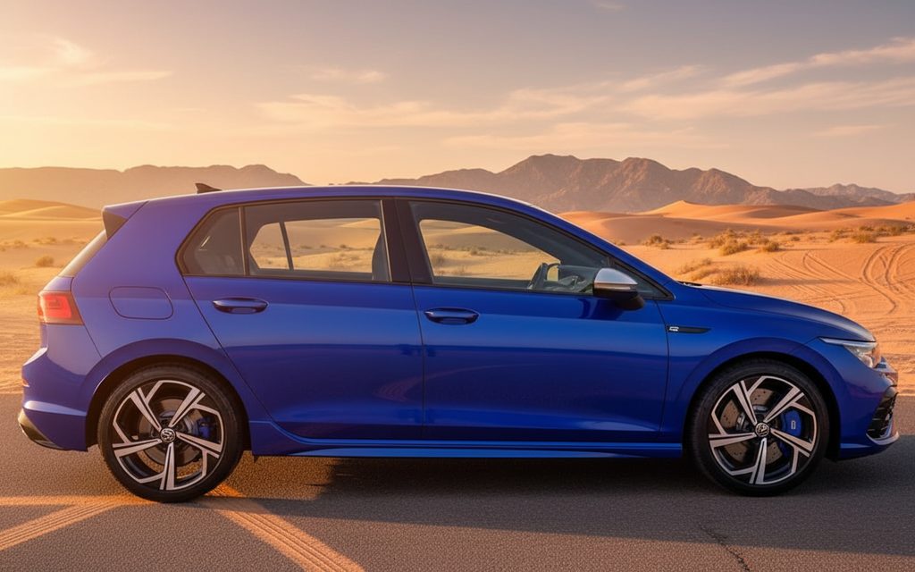 Volkswagen Golf 2024 Blue side profile – rental in Dubai