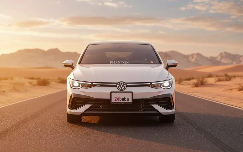 Volkswagen Golf 2024 White front view with headlights – rental in Dubai