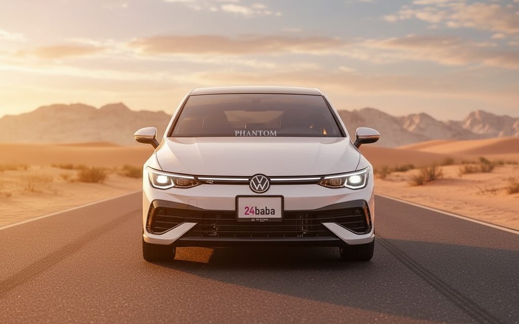 Volkswagen Golf 2024 White front view with headlights – rental in Dubai