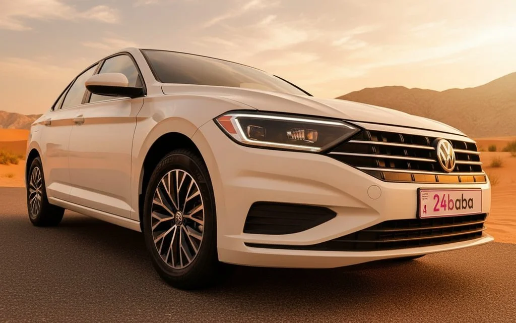 Volkswagen Jetta 2020 White front view with headlights – rental in Dubai