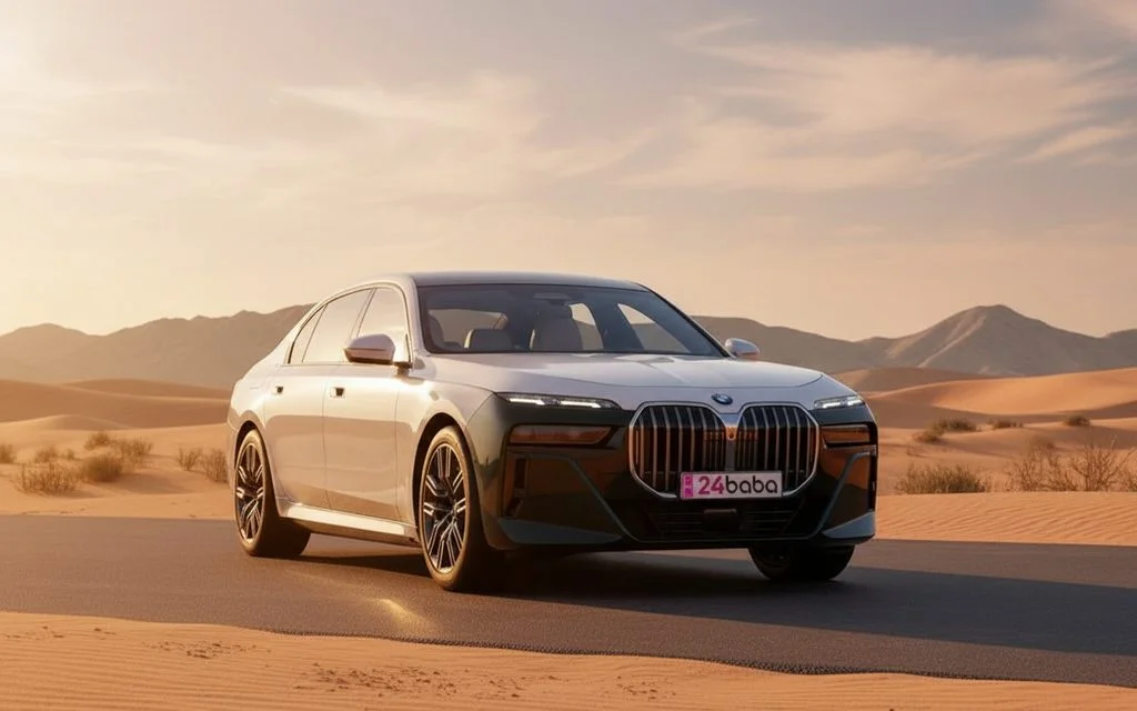 Bmw 740 2023 Black front view with headlights