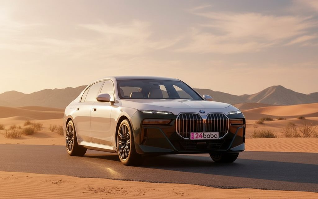 Bmw 740 2023 Black front view with headlights