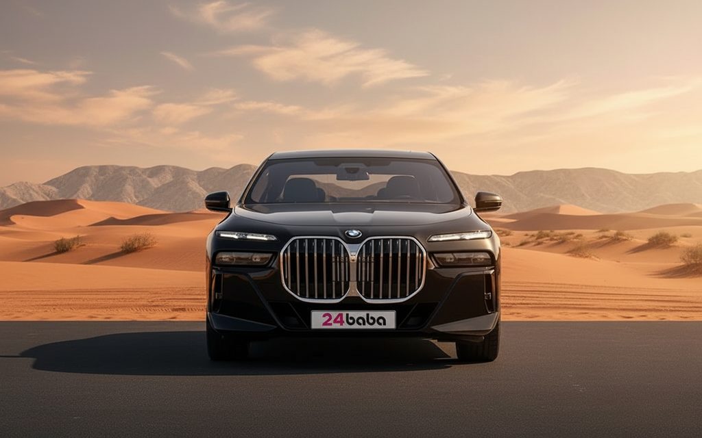 Bmw 740 2023 Black front view with headlights