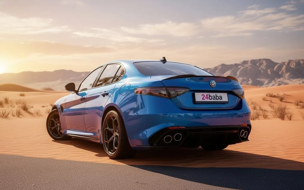 AlfaRomeo Giulia 2023 Blue rear view showing taillights – rental in Dubai