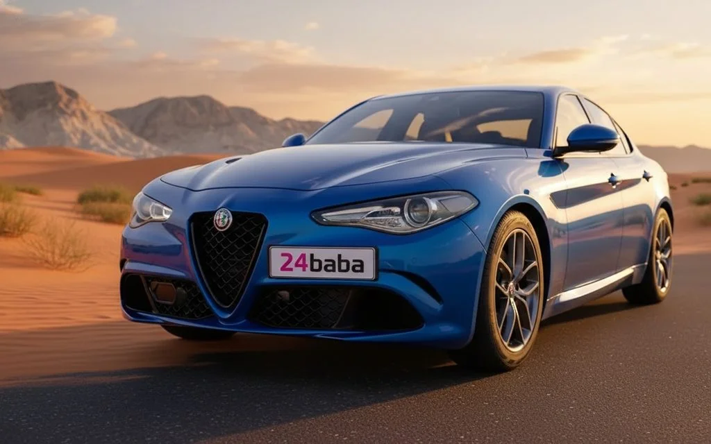 AlfaRomeo Giulia 2023 Blue front view with headlights – rental in Dubai