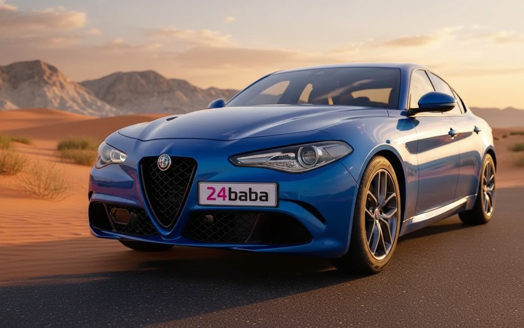 AlfaRomeo Giulia 2023 Blue front view with headlights – rental in Dubai