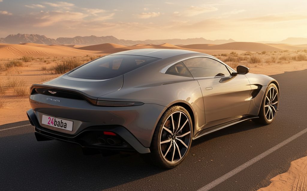AstonMartin Vantage 2022 Grey rear view showing taillights – rental in Dubai