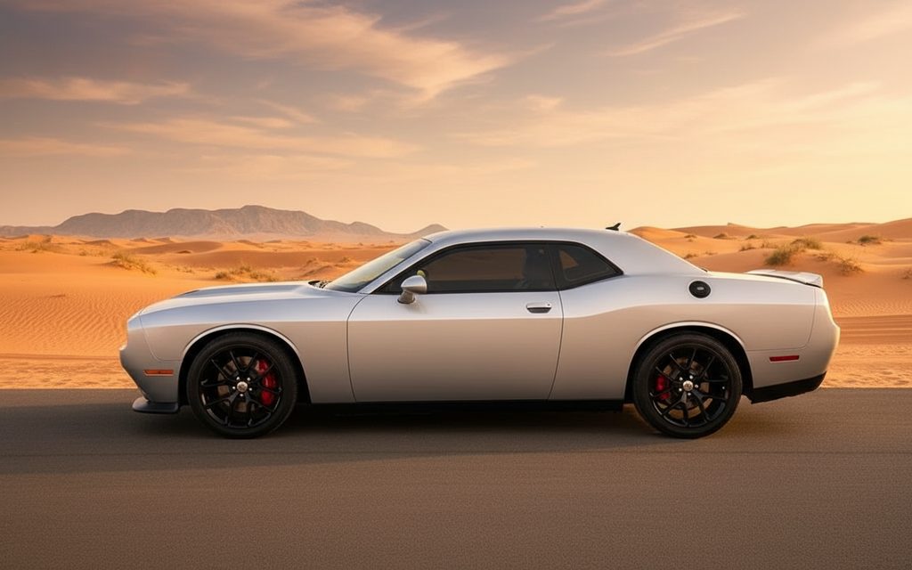Dodge Challenger 2022 Grey side profile – rental in Dubai