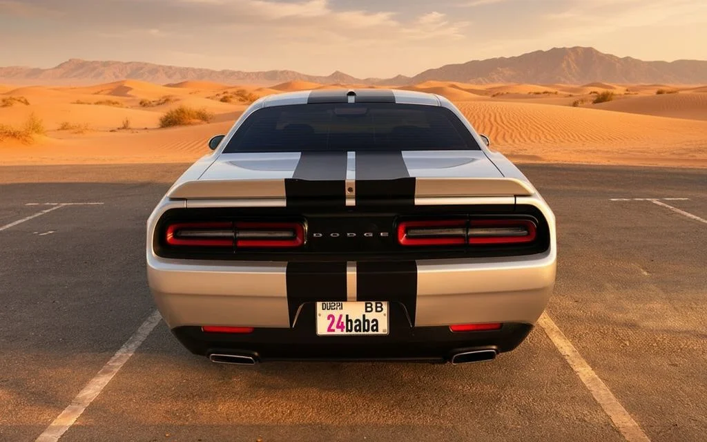 Dodge Challenger 2022 Grey rear view showing taillights – rental in Dubai