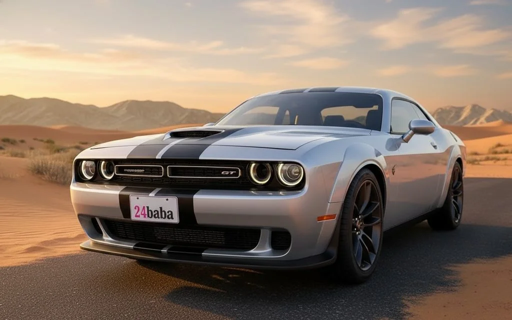 Dodge Challenger 2022 Grey front view with headlights – rental in Dubai