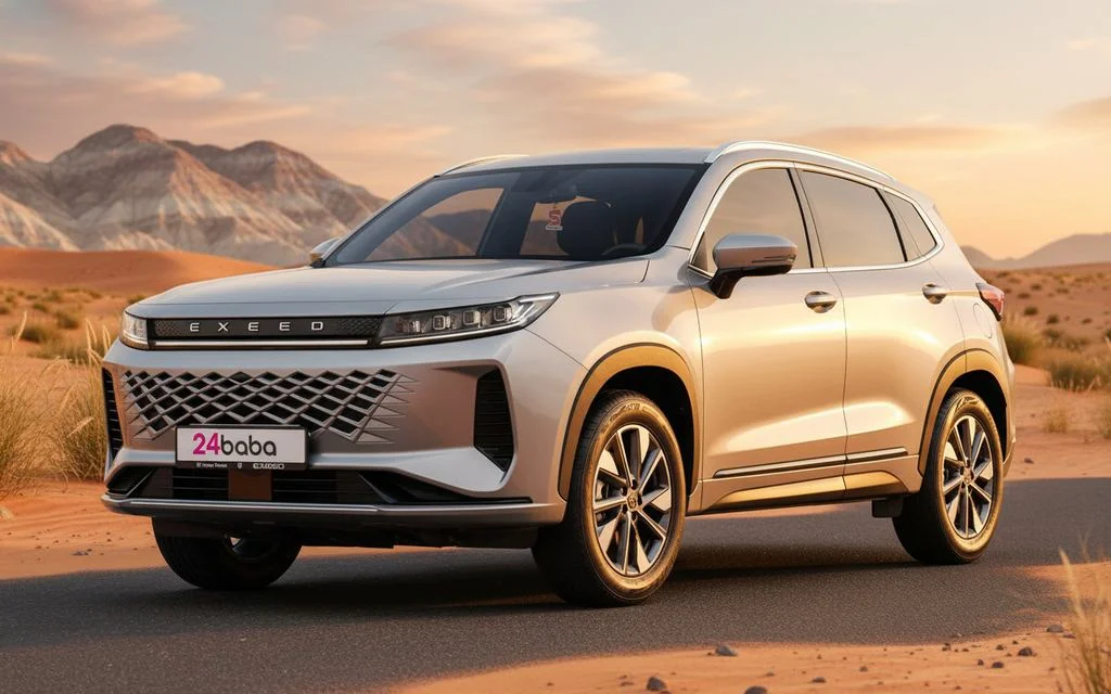 Exeed Lx 2025 Silver front view with headlights – rental in Dubai