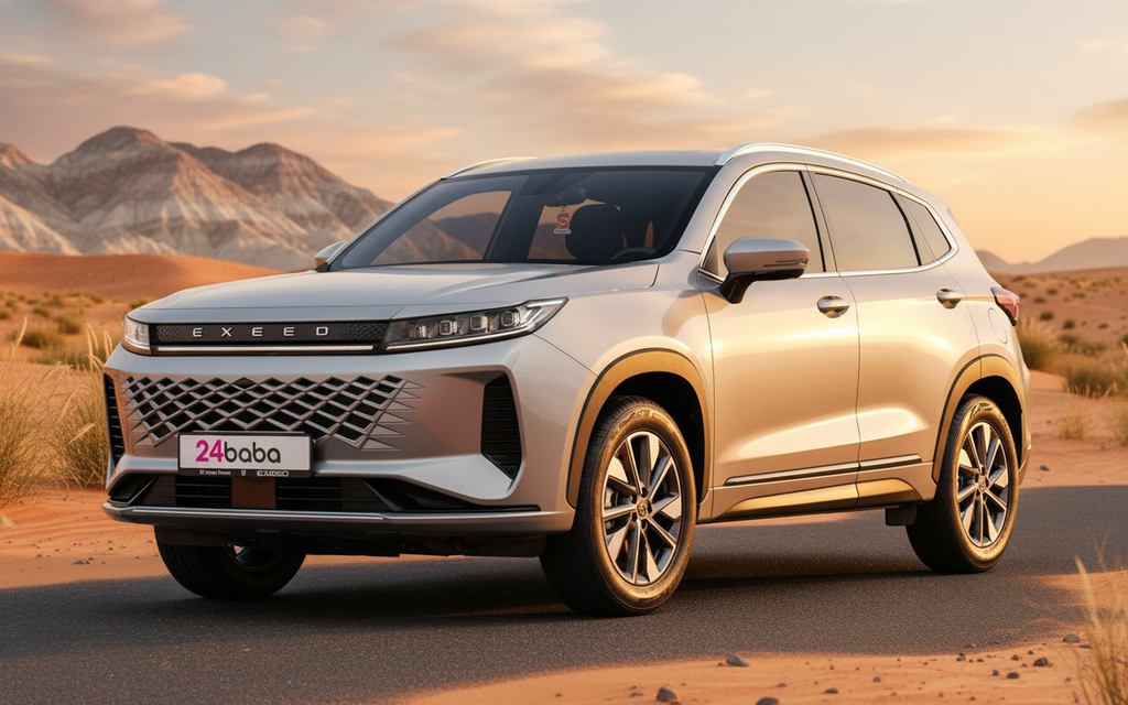 Exeed Lx 2025 Silver front view with headlights – rental in Dubai