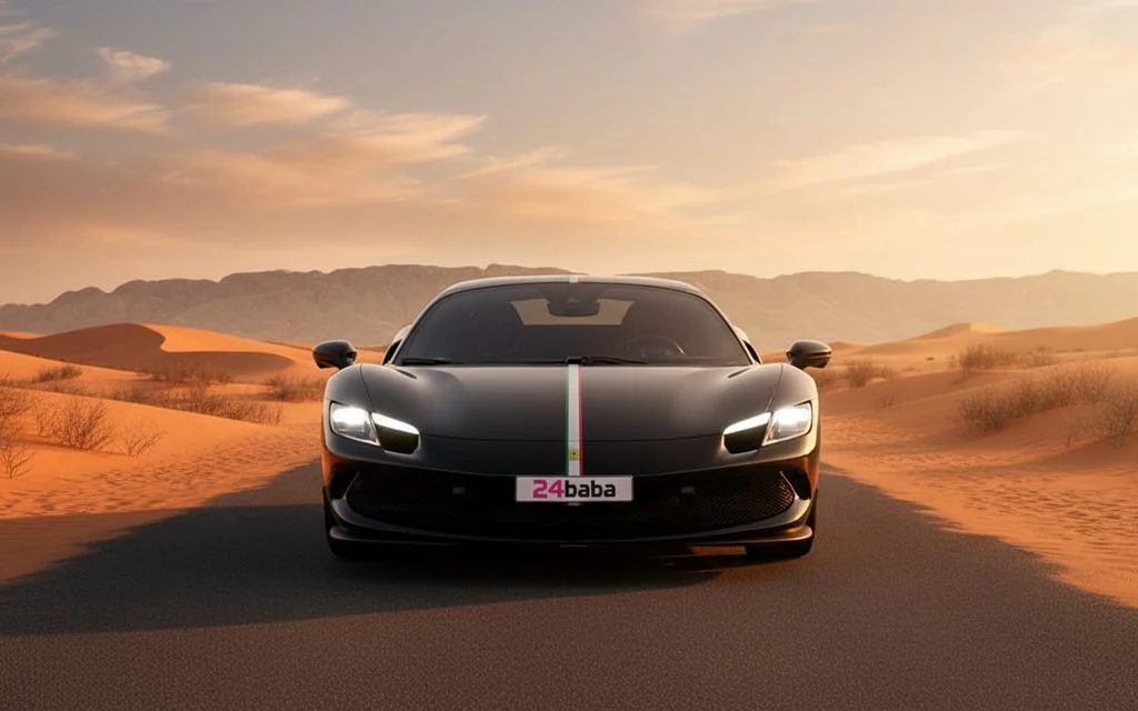 Ferrari 296 2024 Black front view with headlights – rental in Dubai