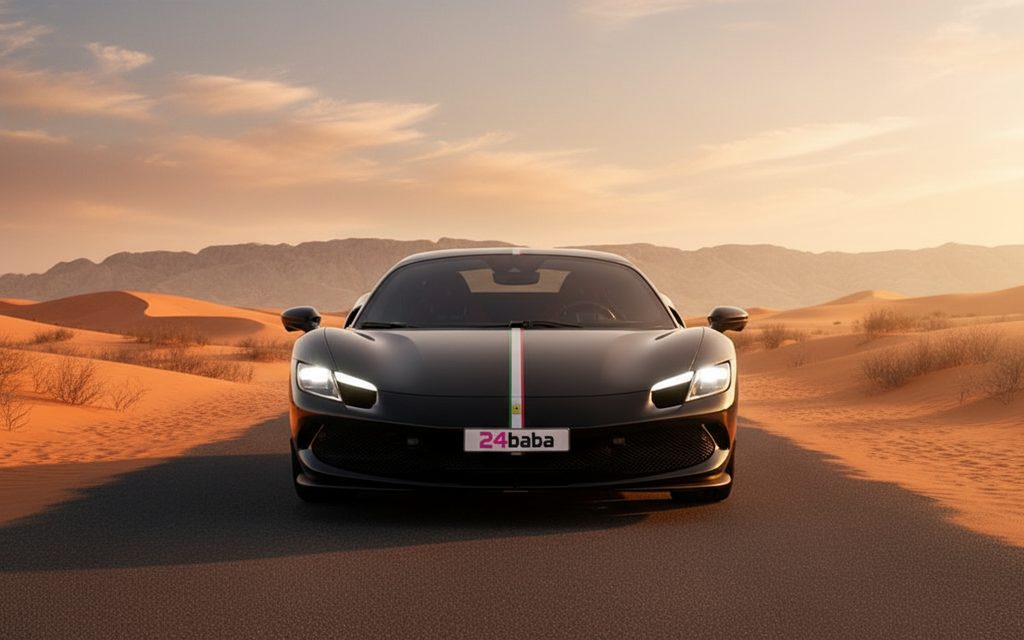 Ferrari 296 2024 Black front view with headlights – rental in Dubai