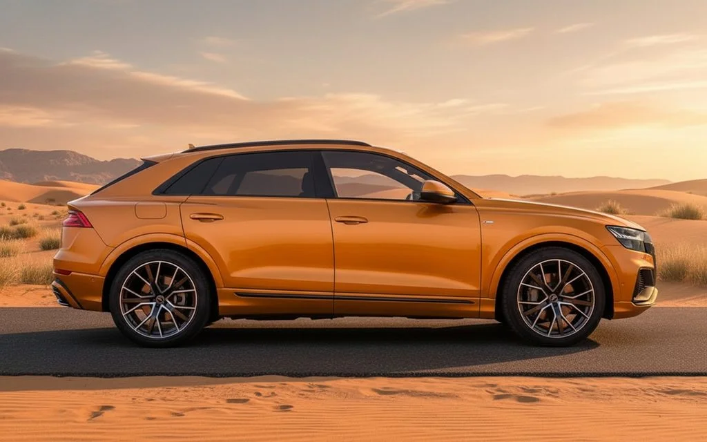Audi Q8 2021 Gold side profile – rental in Dubai