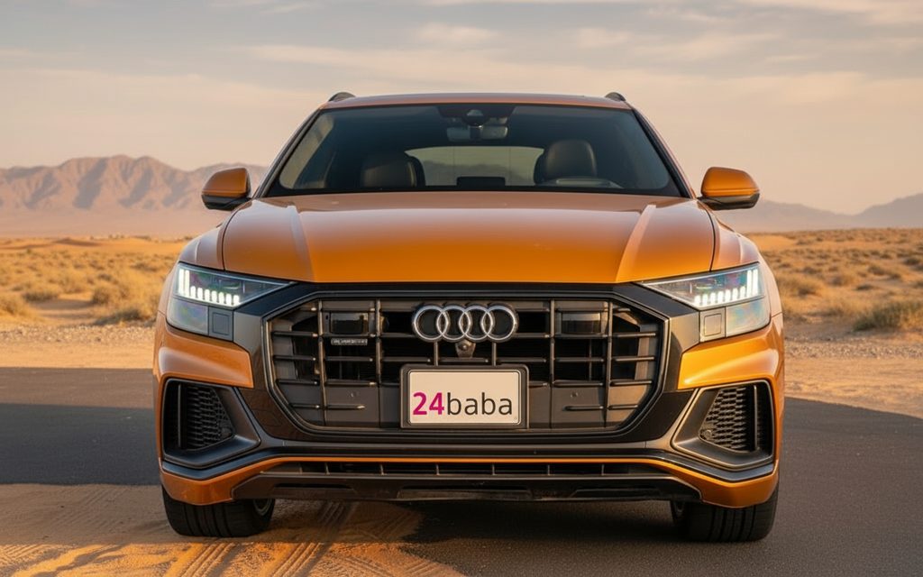 Audi Q8 2021 Gold front view with headlights – rental in Dubai