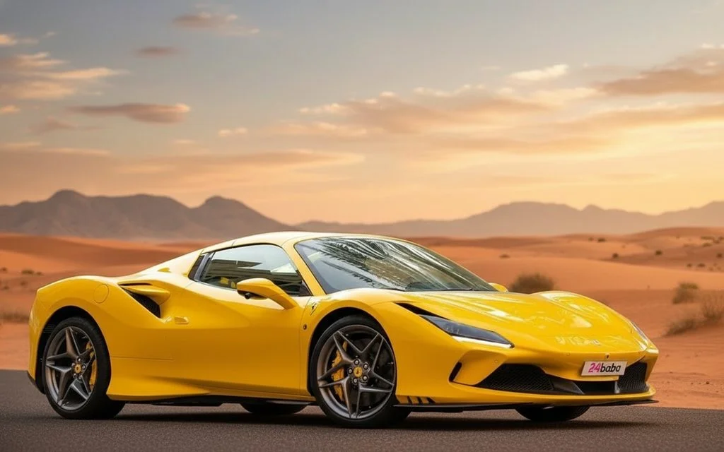 Ferrari F8 2022 Yellow parked outdoor scene – rental in Dubai
