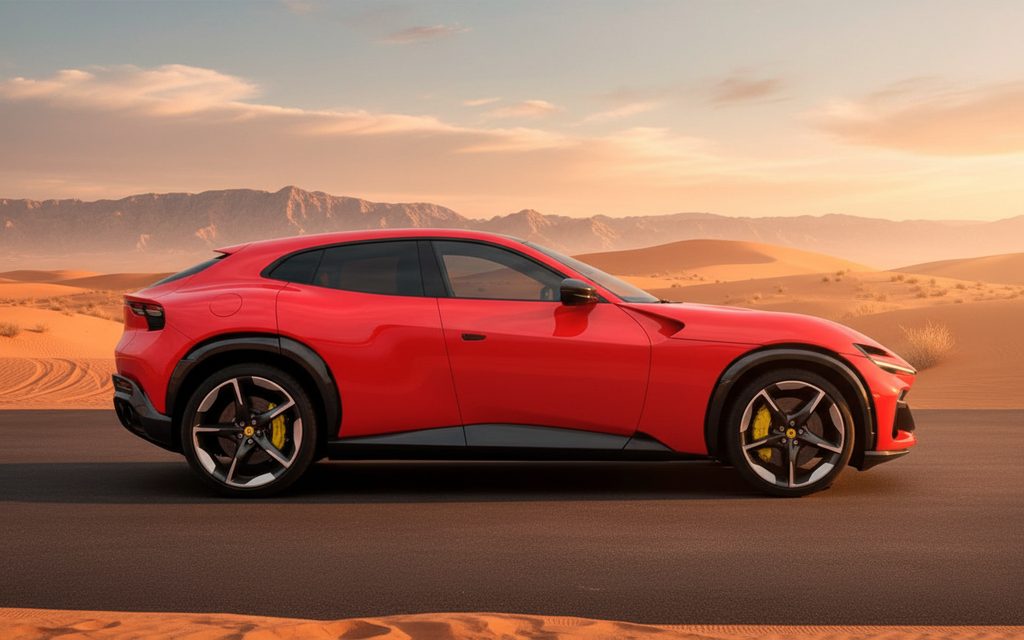 Ferrari Purosangue 2025 Red side profile – rental in Dubai