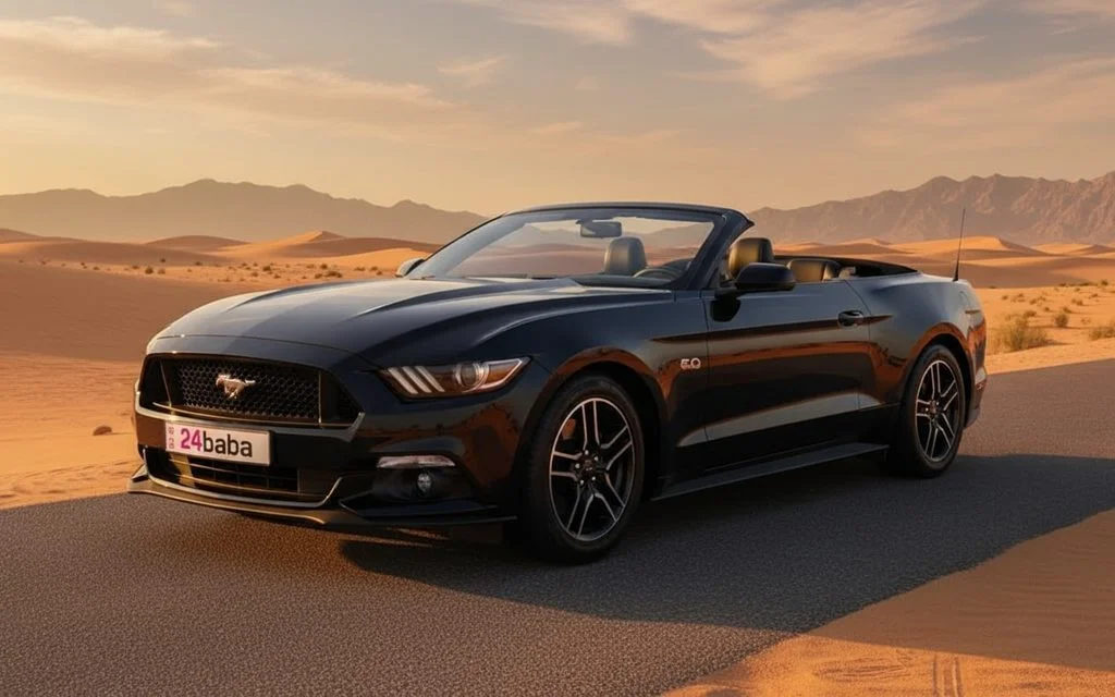 Ford Mustang 2020 Black front view with headlights – rental in Dubai