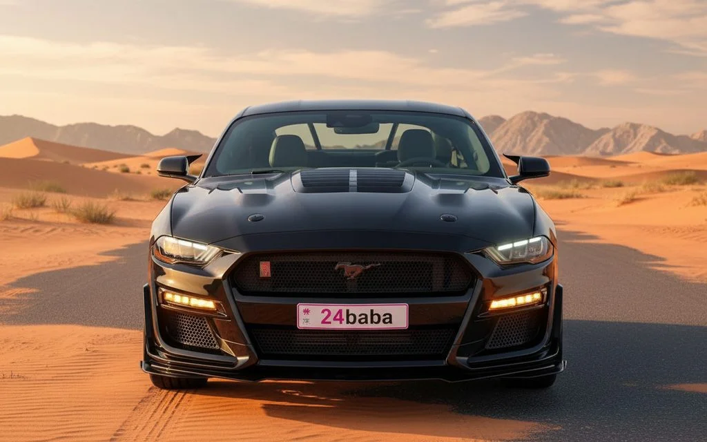 Ford Mustang 2021 Black front view with headlights – rental in Dubai