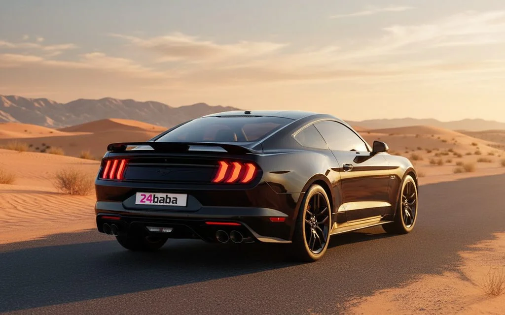 Ford Mustang 2021 Black rear view showing taillights – rental in Dubai