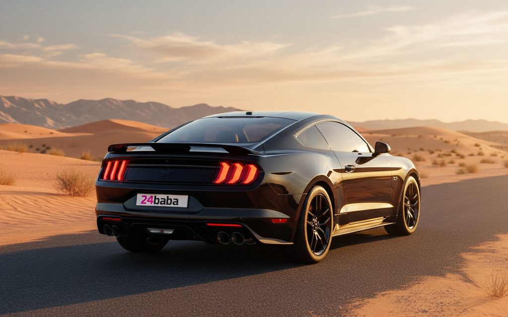 Ford Mustang 2021 Black rear view showing taillights – rental in Dubai